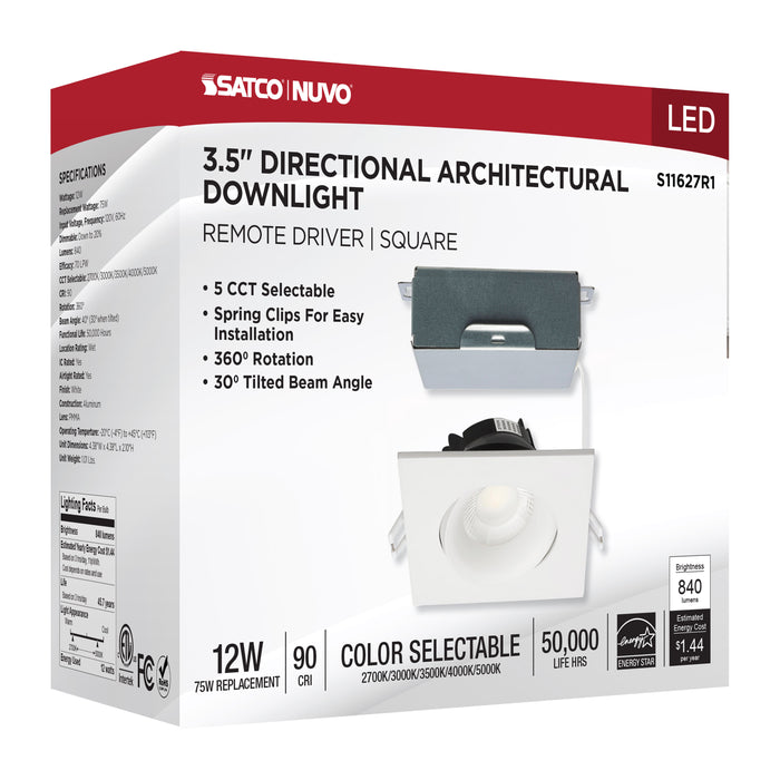 SATCO/NUVO 12W LED Direct Wire Downlight Gimbaled 3.5 Inch CCT Selectable Square Remote Driver White Finish 840Lm 120V (S11627R1)