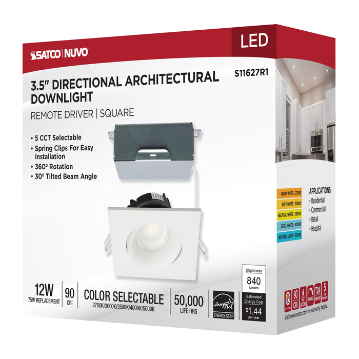 SATCO/NUVO 12W LED Direct Wire Downlight Gimbaled 3.5 Inch CCT Selectable Square Remote Driver White Finish 840Lm 120V (S11627R1)