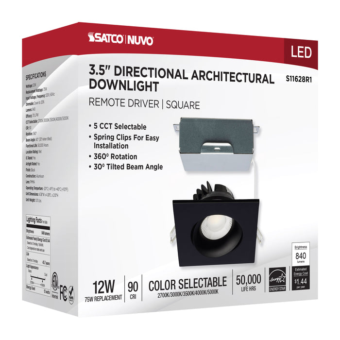 SATCO/NUVO 12W LED Direct Wire Downlight Gimbaled 3.5 Inch CCT Selectable Square Remote Driver Black Finish 840Lm 120V (S11628R1)