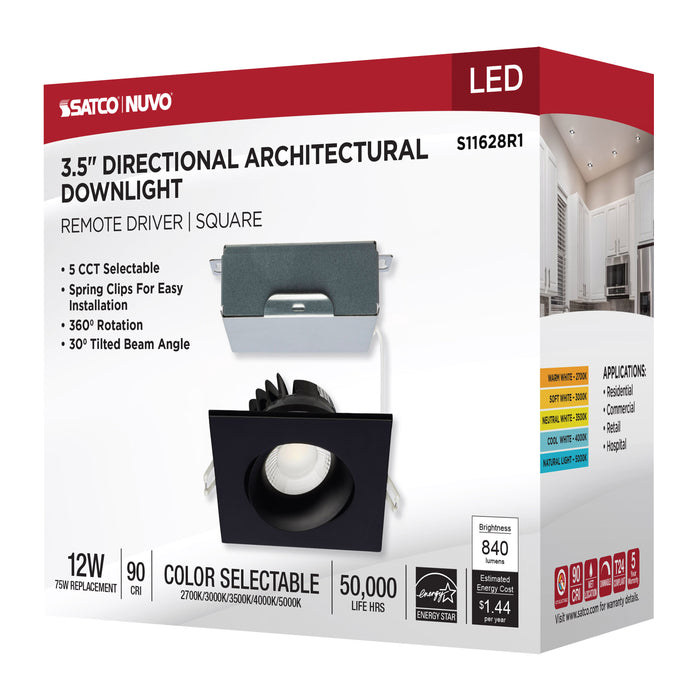 SATCO/NUVO 12W LED Direct Wire Downlight Gimbaled 3.5 Inch CCT Selectable Square Remote Driver Black Finish 840Lm 120V (S11628R1)