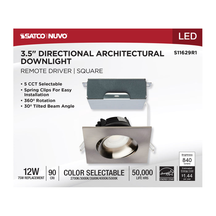 SATCO/NUVO 12W LED Direct Wire Downlight Gimbaled 3.5 Inch CCT Selectable Square Remote Driver Brushed Nickel Finish 840Lm 120V (S11629R1)