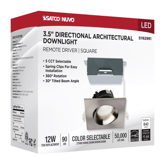SATCO/NUVO 12W LED Direct Wire Downlight Gimbaled 3.5 Inch CCT Selectable Square Remote Driver Brushed Nickel Finish 840Lm 120V (S11629R1)