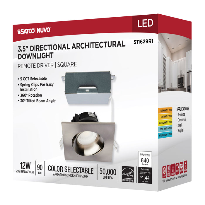 SATCO/NUVO 12W LED Direct Wire Downlight Gimbaled 3.5 Inch CCT Selectable Square Remote Driver Brushed Nickel Finish 840Lm 120V (S11629R1)