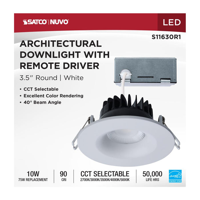 SATCO/NUVO 10W LED Direct Wire Downlight Remote Driver CCT Selectable 2700K/3000K/3500K/4000K/5000K 120V Dimmable Round White (S11630R1)