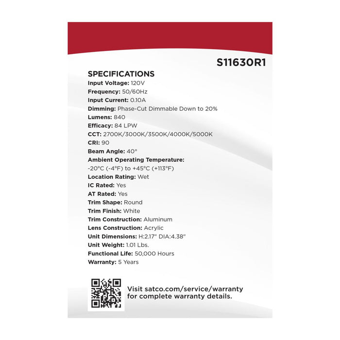 SATCO/NUVO 10W LED Direct Wire Downlight Remote Driver CCT Selectable 2700K/3000K/3500K/4000K/5000K 120V Dimmable Round White (S11630R1)