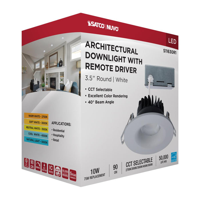 SATCO/NUVO 10W LED Direct Wire Downlight Remote Driver CCT Selectable 2700K/3000K/3500K/4000K/5000K 120V Dimmable Round White (S11630R1)