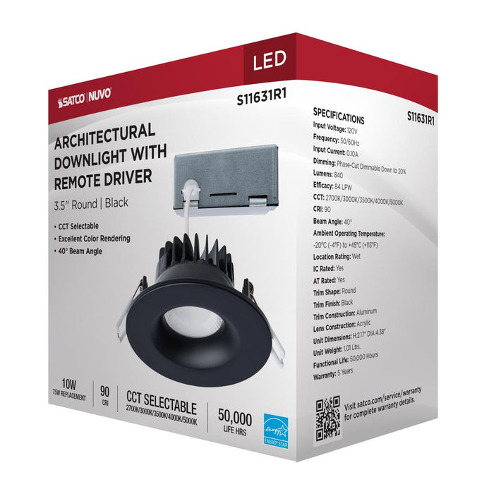 SATCO/NUVO 10W LED Direct Wire Downlight Remote Driver CCT Selectable 2700K/3000K/3500K/4000K/5000K 120V Dimmable Round Black (S11631R1)