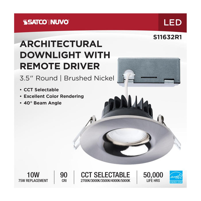 SATCO/NUVO 10W LED Direct Wire Downlight Remote Driver CCT Selectable 2700K/3000K/3500K/4000K/5000K 120V Dimmable Round Brushed Nickel (S11632R1)