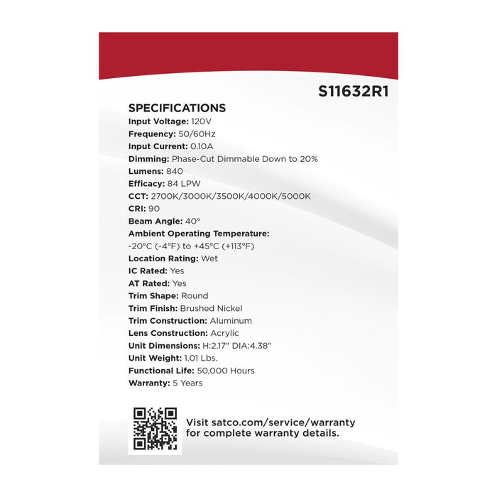 SATCO/NUVO 10W LED Direct Wire Downlight Remote Driver CCT Selectable 2700K/3000K/3500K/4000K/5000K 120V Dimmable Round Brushed Nickel (S11632R1)