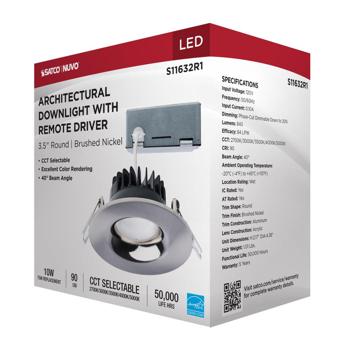 SATCO/NUVO 10W LED Direct Wire Downlight Remote Driver CCT Selectable 2700K/3000K/3500K/4000K/5000K 120V Dimmable Round Brushed Nickel (S11632R1)