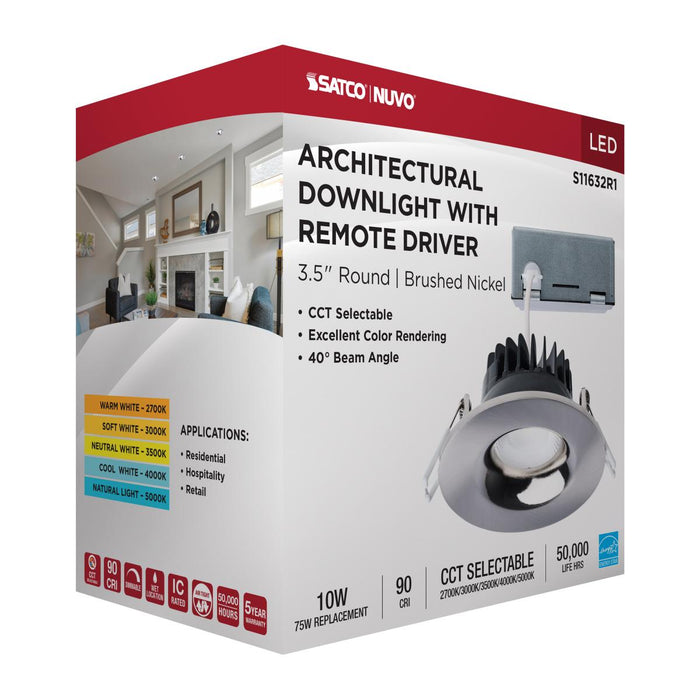 SATCO/NUVO 10W LED Direct Wire Downlight Remote Driver CCT Selectable 2700K/3000K/3500K/4000K/5000K 120V Dimmable Round Brushed Nickel (S11632R1)