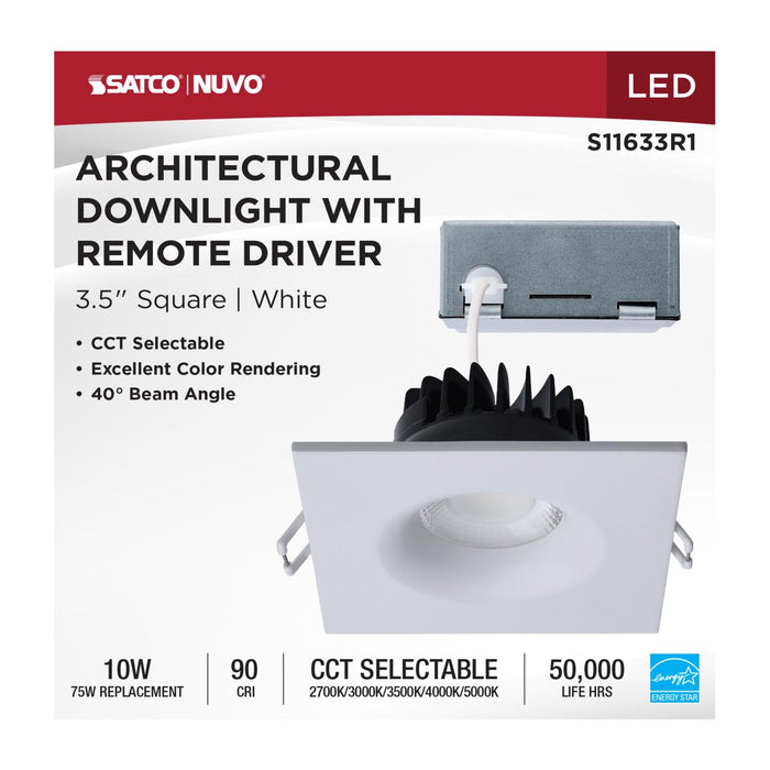 SATCO/NUVO 10W LED Direct Wire Downlight Remote Driver CCT Selectable 2700K/3000K/3500K/4000K/5000K 120V Dimmable Square White (S11633R1)