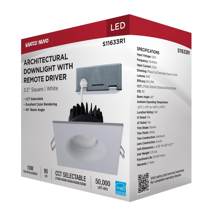 SATCO/NUVO 10W LED Direct Wire Downlight Remote Driver CCT Selectable 2700K/3000K/3500K/4000K/5000K 120V Dimmable Square White (S11633R1)