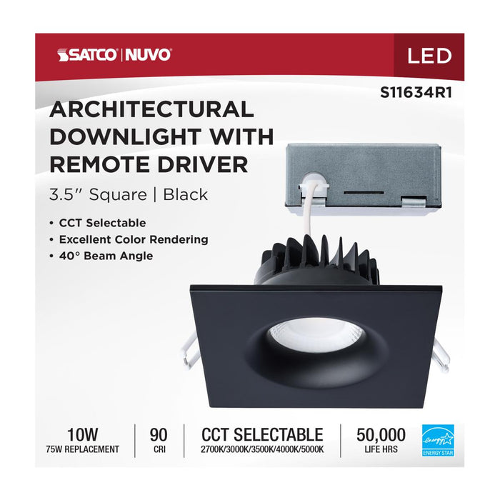 SATCO/NUVO 10W LED Direct Wire Downlight Remote Driver CCT Selectable 2700K/3000K/3500K/4000K/5000K 120V Dimmable Square Black (S11634R1)