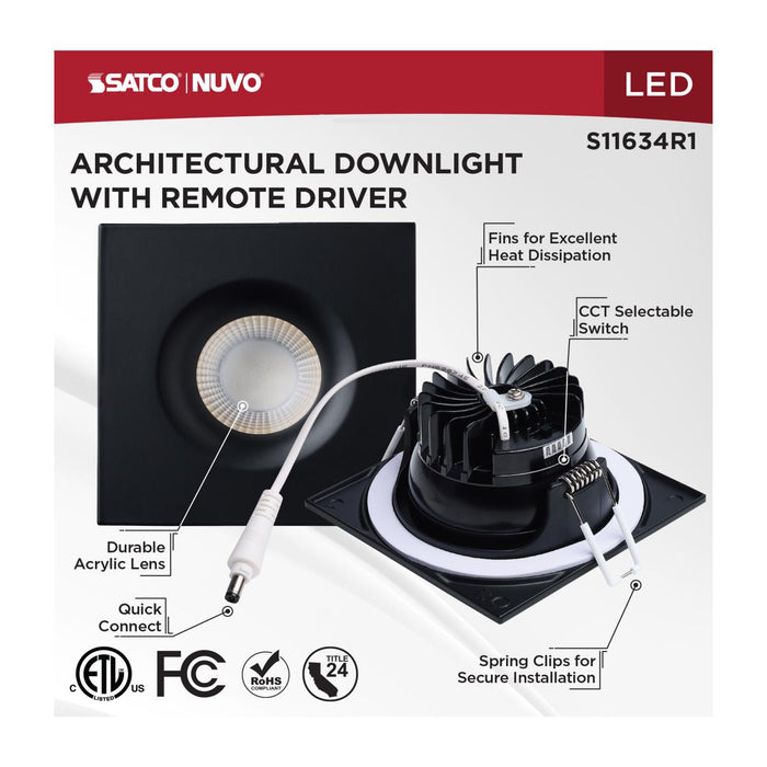 SATCO/NUVO 10W LED Direct Wire Downlight Remote Driver CCT Selectable 2700K/3000K/3500K/4000K/5000K 120V Dimmable Square Black (S11634R1)