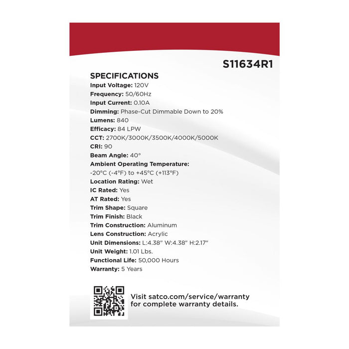 SATCO/NUVO 10W LED Direct Wire Downlight Remote Driver CCT Selectable 2700K/3000K/3500K/4000K/5000K 120V Dimmable Square Black (S11634R1)