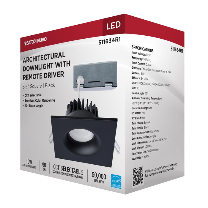 SATCO/NUVO 10W LED Direct Wire Downlight Remote Driver CCT Selectable 2700K/3000K/3500K/4000K/5000K 120V Dimmable Square Black (S11634R1)