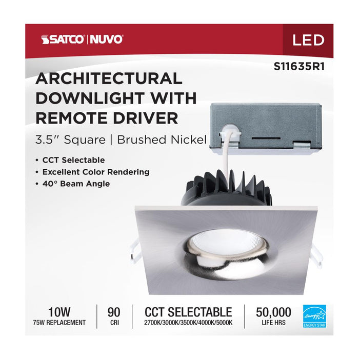 SATCO/NUVO 10W LED Direct Wire Downlight Remote Driver CCT Selectable 2700K/3000K/3500K/4000K/5000K 120V Dimmable Square Brushed Nickel (S11635R1)