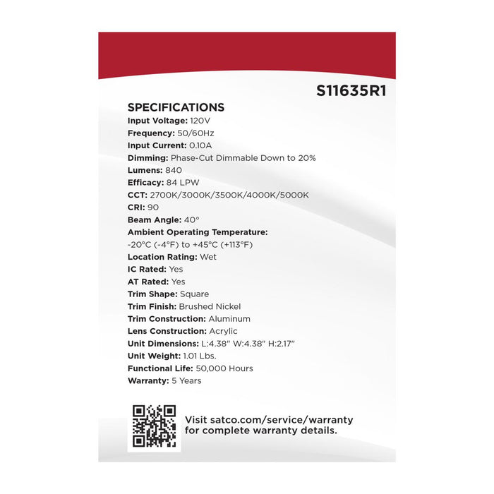 SATCO/NUVO 10W LED Direct Wire Downlight Remote Driver CCT Selectable 2700K/3000K/3500K/4000K/5000K 120V Dimmable Square Brushed Nickel (S11635R1)