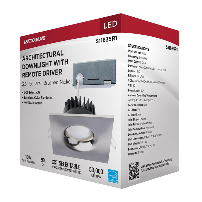 SATCO/NUVO 10W LED Direct Wire Downlight Remote Driver CCT Selectable 2700K/3000K/3500K/4000K/5000K 120V Dimmable Square Brushed Nickel (S11635R1)