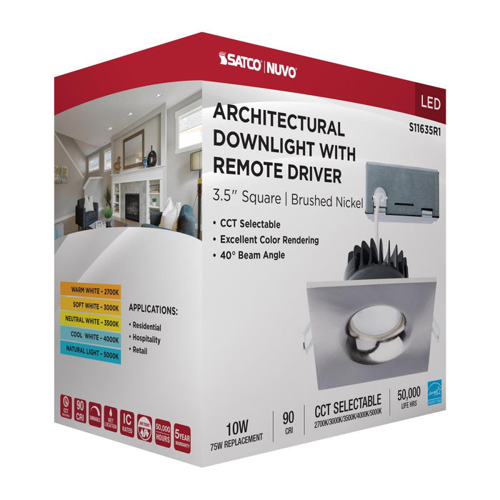 SATCO/NUVO 10W LED Direct Wire Downlight Remote Driver CCT Selectable 2700K/3000K/3500K/4000K/5000K 120V Dimmable Square Brushed Nickel (S11635R1)