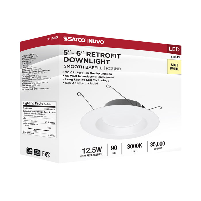 SATCO/NUVO 12.5W LED Downlight Retrofit 5-6 Inch 3000K 120V Dimmable White Finish (S11643)