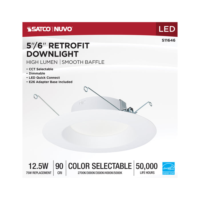 SATCO/NUVO 12.5W LED High Lumen Downlight Retrofit 5-6 Inch CCT Selectable 2700K/3000K/3500K/4000K/5000K 120V Dimmable White Finish (S11646)