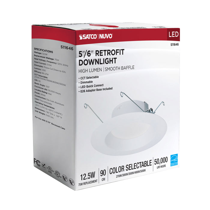 SATCO/NUVO 12.5W LED High Lumen Downlight Retrofit 5-6 Inch CCT Selectable 2700K/3000K/3500K/4000K/5000K 120V Dimmable White Finish (S11646)
