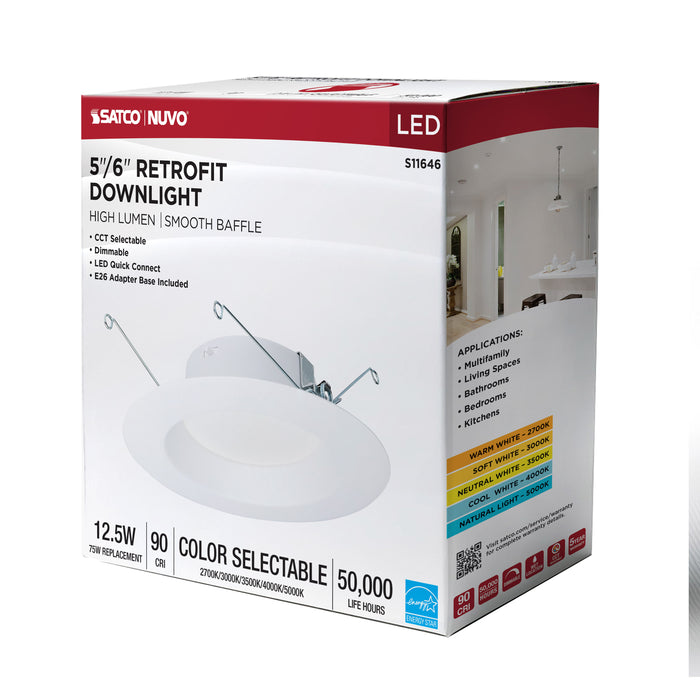 SATCO/NUVO 12.5W LED High Lumen Downlight Retrofit 5-6 Inch CCT Selectable 2700K/3000K/3500K/4000K/5000K 120V Dimmable White Finish (S11646)