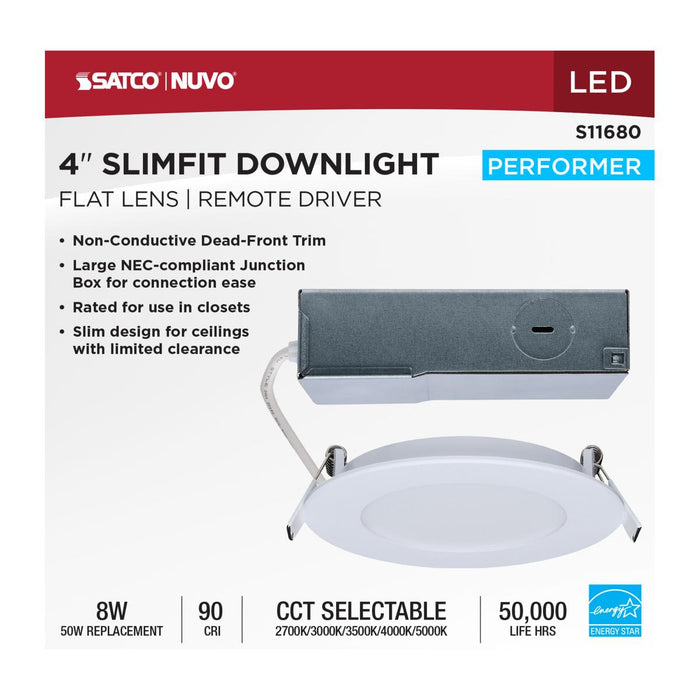 SATCO/NUVO 8W LED Direct Wire Economy Downlight Remote Driver 4 Inch CCT Selectable 2700K/3000K/3500K/4000K/5000K 120V Round Flat Face White (S11680)