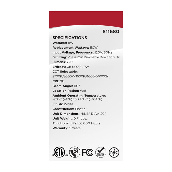 SATCO/NUVO 8W LED Direct Wire Economy Downlight Remote Driver 4 Inch CCT Selectable 2700K/3000K/3500K/4000K/5000K 120V Round Flat Face White (S11680)