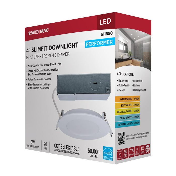 SATCO/NUVO 8W LED Direct Wire Economy Downlight Remote Driver 4 Inch CCT Selectable 2700K/3000K/3500K/4000K/5000K 120V Round Flat Face White (S11680)