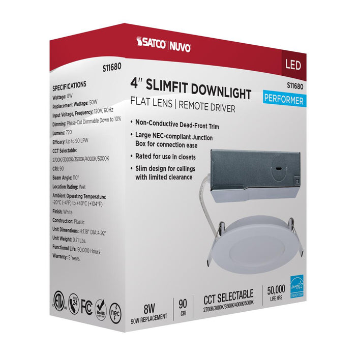 SATCO/NUVO 8W LED Direct Wire Economy Downlight Remote Driver 4 Inch CCT Selectable 2700K/3000K/3500K/4000K/5000K 120V Round Flat Face White (S11680)