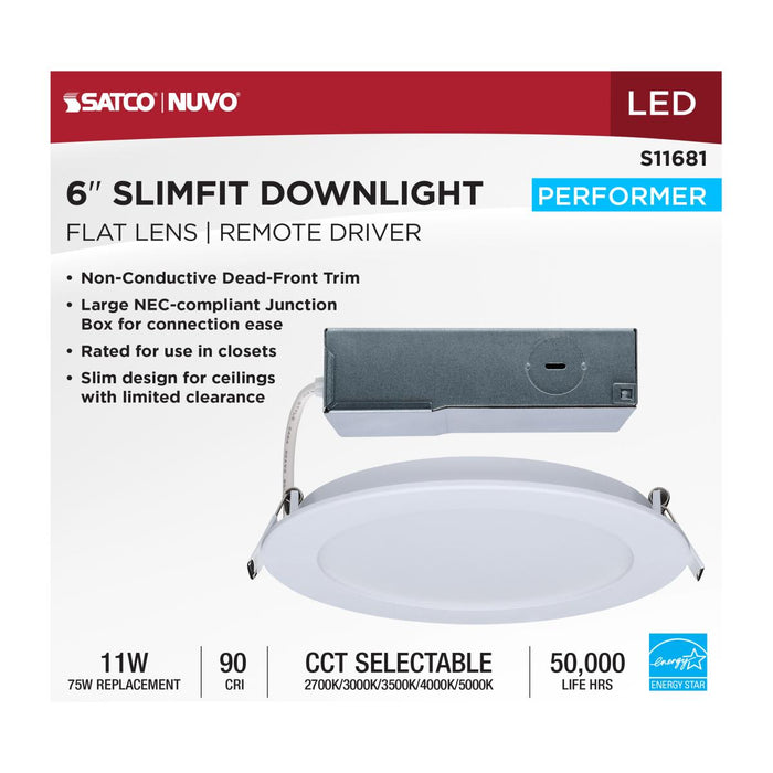 SATCO/NUVO 11W LED Direct Wire Economy Downlight Remote Driver 6 Inch CCT Selectable 2700K/3000K/3500K/4000K/5000K 120V Round Flat Face White (S11681)