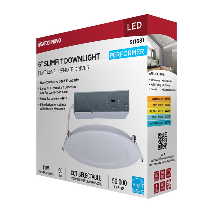 SATCO/NUVO 11W LED Direct Wire Economy Downlight Remote Driver 6 Inch CCT Selectable 2700K/3000K/3500K/4000K/5000K 120V Round Flat Face White (S11681)