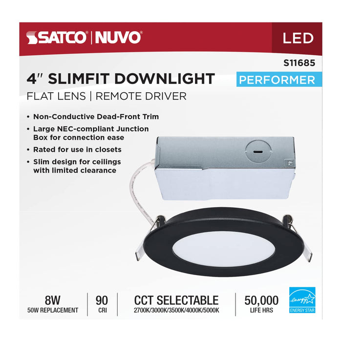 SATCO/NUVO 8W LED Direct Wire Downlight Remote Driver 4 Inch Round CCT Selectable 2700K/3000K/3500K/4000K/5000K 120V Dimmable Flat Face Black (S11685)