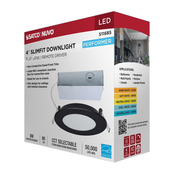SATCO/NUVO 8W LED Direct Wire Downlight Remote Driver 4 Inch Round CCT Selectable 2700K/3000K/3500K/4000K/5000K 120V Dimmable Flat Face Black (S11685)