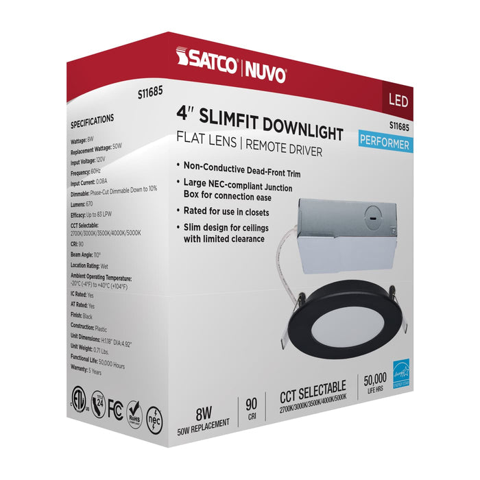 SATCO/NUVO 8W LED Direct Wire Downlight Remote Driver 4 Inch Round CCT Selectable 2700K/3000K/3500K/4000K/5000K 120V Dimmable Flat Face Black (S11685)