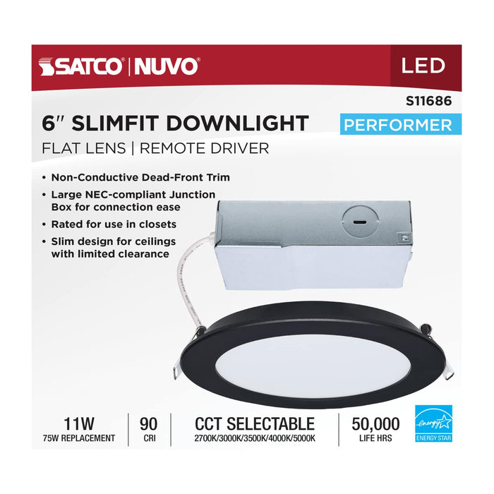 SATCO/NUVO 11W LED Direct Wire Downlight Remote Driver 6 Inch Round CCT Selectable 2700K/3000K/3500K/4000K/5000K 120V Dimmable Flat Face Black (S11686)