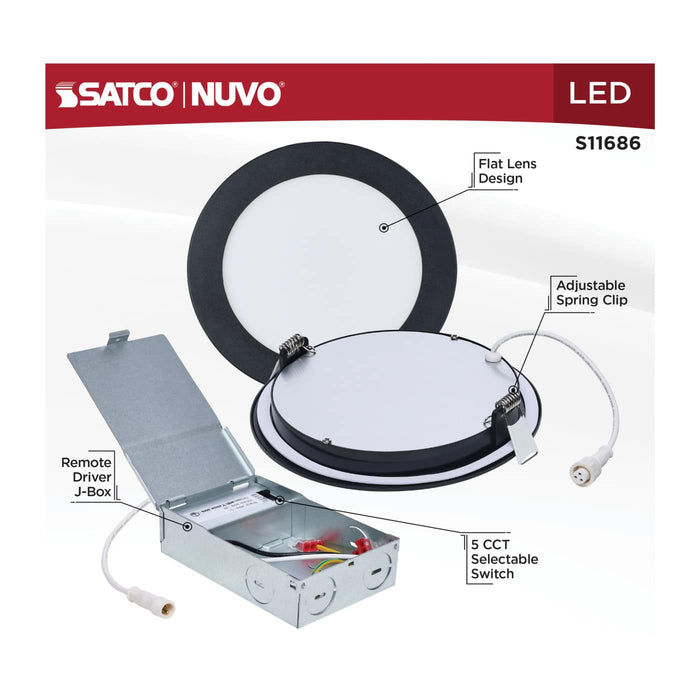 SATCO/NUVO 11W LED Direct Wire Downlight Remote Driver 6 Inch Round CCT Selectable 2700K/3000K/3500K/4000K/5000K 120V Dimmable Flat Face Black (S11686)