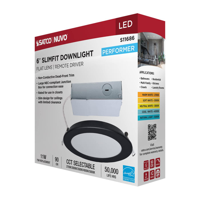 SATCO/NUVO 11W LED Direct Wire Downlight Remote Driver 6 Inch Round CCT Selectable 2700K/3000K/3500K/4000K/5000K 120V Dimmable Flat Face Black (S11686)