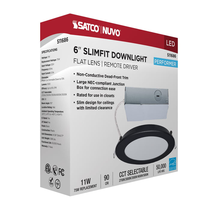 SATCO/NUVO 11W LED Direct Wire Downlight Remote Driver 6 Inch Round CCT Selectable 2700K/3000K/3500K/4000K/5000K 120V Dimmable Flat Face Black (S11686)