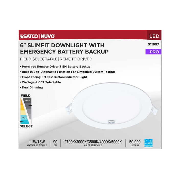 SATCO/NUVO 6 Inch LED Direct Wire Downlight Wattage/CCT Selectable 15W/11W 2700K/3000K/3500K/4000K/5000K Dual Dimming Integrated Emergency/Test Switch (S11697)