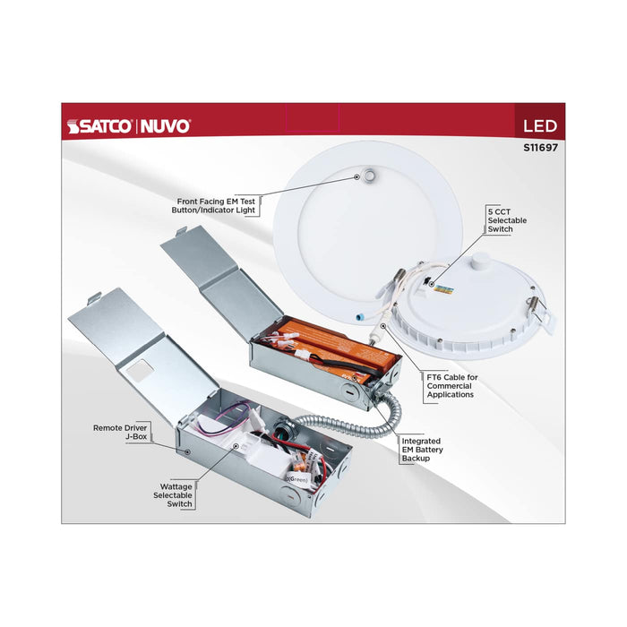 SATCO/NUVO 6 Inch LED Direct Wire Downlight Wattage/CCT Selectable 15W/11W 2700K/3000K/3500K/4000K/5000K Dual Dimming Integrated Emergency/Test Switch (S11697)