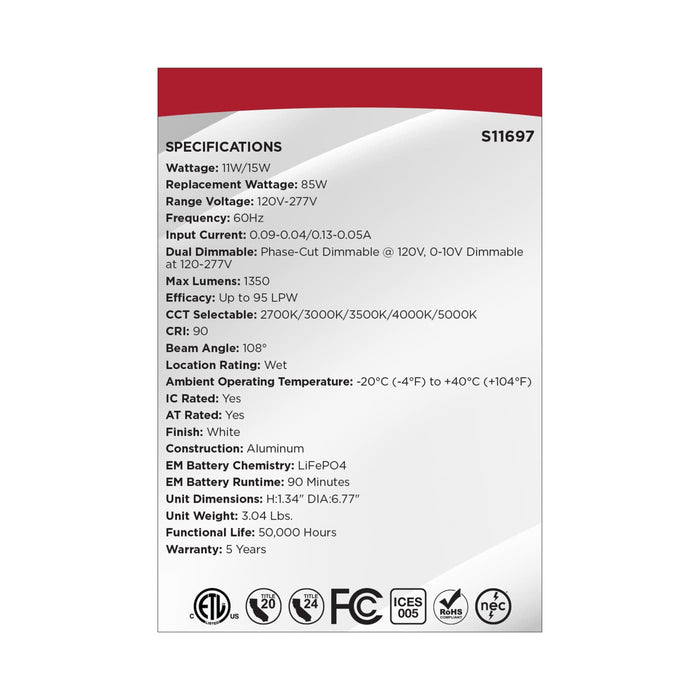SATCO/NUVO 6 Inch LED Direct Wire Downlight Wattage/CCT Selectable 15W/11W 2700K/3000K/3500K/4000K/5000K Dual Dimming Integrated Emergency/Test Switch (S11697)