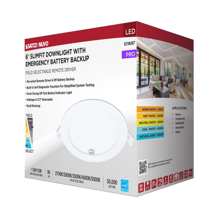 SATCO/NUVO 6 Inch LED Direct Wire Downlight Wattage/CCT Selectable 15W/11W 2700K/3000K/3500K/4000K/5000K Dual Dimming Integrated Emergency/Test Switch (S11697)