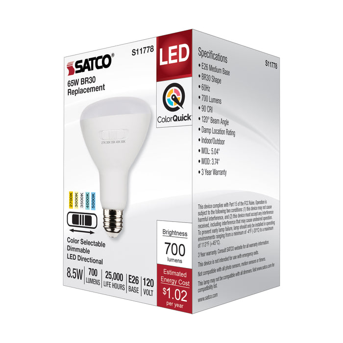 SATCO/NUVO 8.5W BR30 LED Medium Base CCT Selectable 2700K/3000K/3500K/4000K/5000K 700Lm White Finish 90 CRI 120V (S11778)