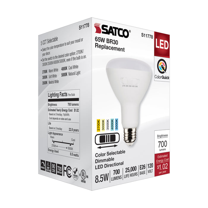 SATCO/NUVO 8.5W BR30 LED Medium Base CCT Selectable 2700K/3000K/3500K/4000K/5000K 700Lm White Finish 90 CRI 120V (S11778)