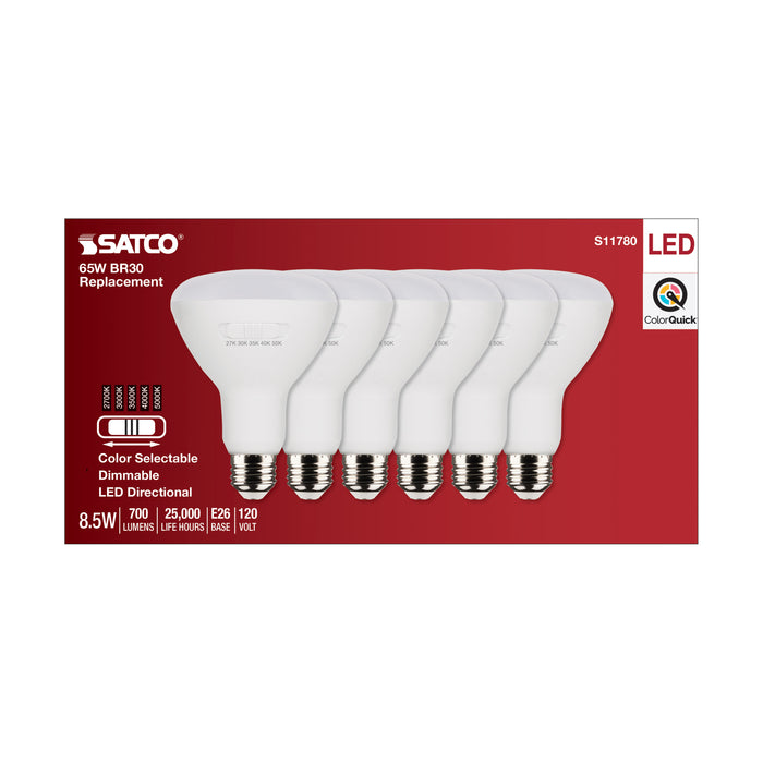 SATCO/NUVO 8.5W BR30 LED Medium Base CCT Selectable 2700K/3000K/3500K/4000K/5000K 700Lm White Finish 90 CRI 120V 6-Pack (S11780)