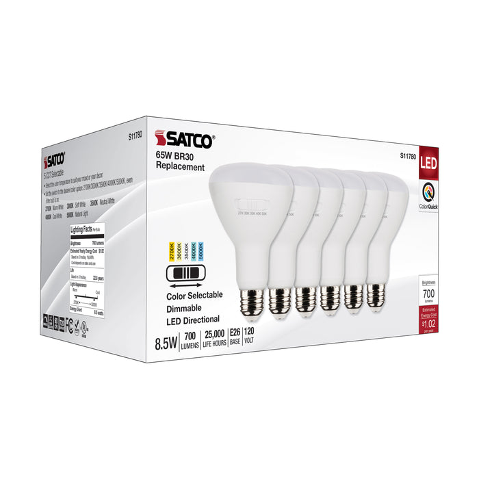 SATCO/NUVO 8.5W BR30 LED Medium Base CCT Selectable 2700K/3000K/3500K/4000K/5000K 700Lm White Finish 90 CRI 120V 6-Pack (S11780)